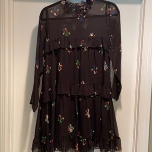 Cynthia Rowley sheer black print  baby doll dress